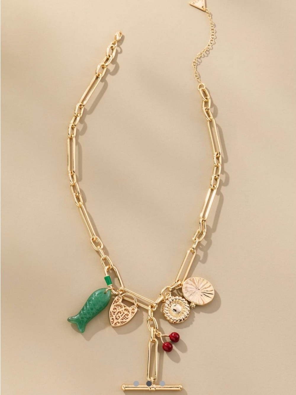Gold Charmed Paperclip Chain Necklace w Green Fish Red Cherry and Charm Accents